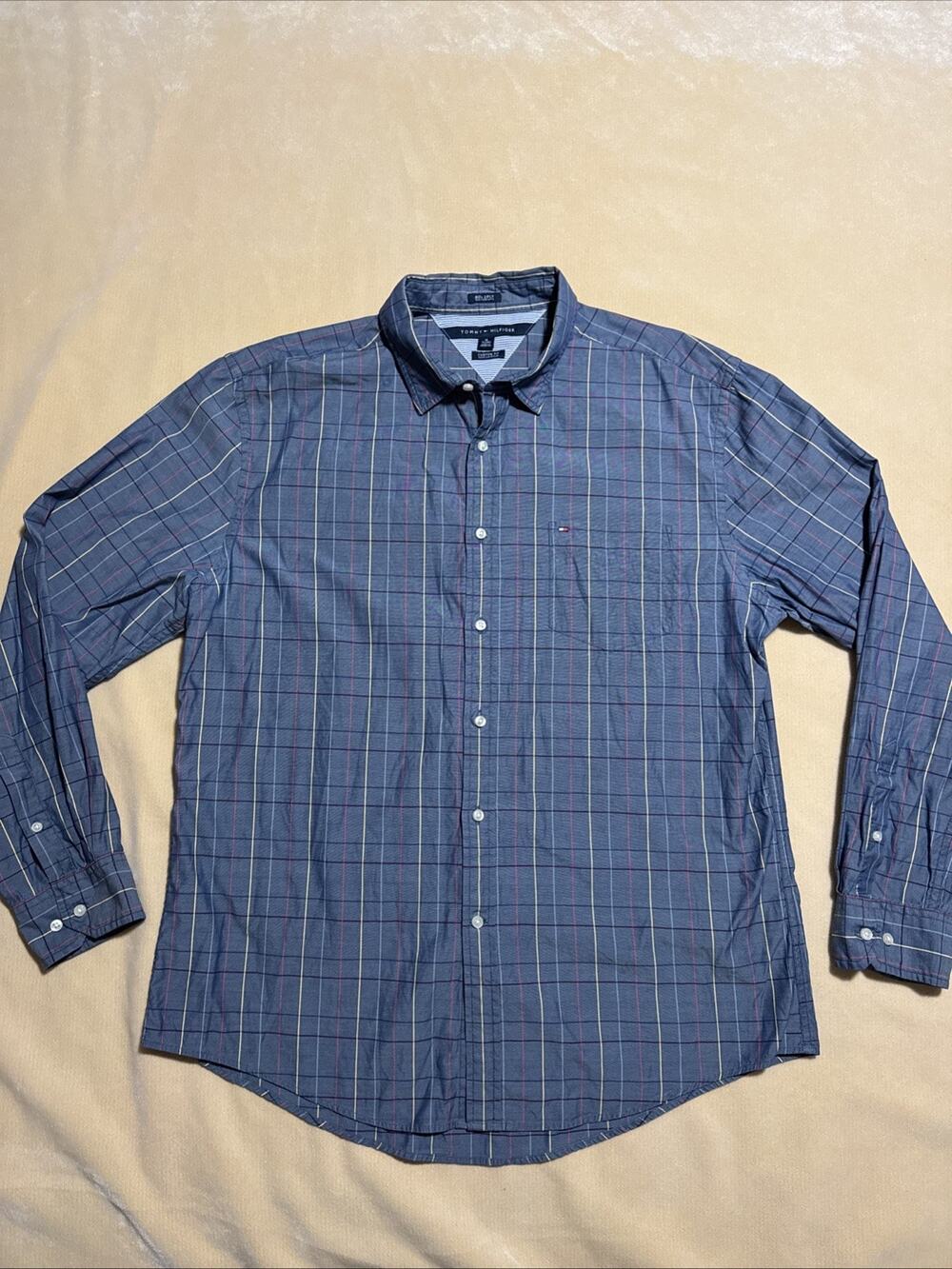 TOMMY HILFIGER 80s 2-Ply Fabric Button-Up Check Plaid Collared Shirt Mens XL